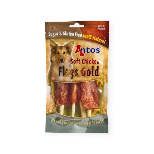 Snacks Antos Soft Chicken Flags Gold para perros bolsa frontal