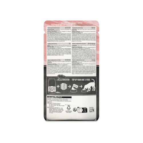 Etiqueta trasera de Belcando Mastercraft Topping Pavo con ingredientes y análisis