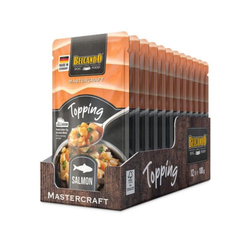 Caja expositora con 12 sobres de Belcando Mastercraft Topping Salmón 100g