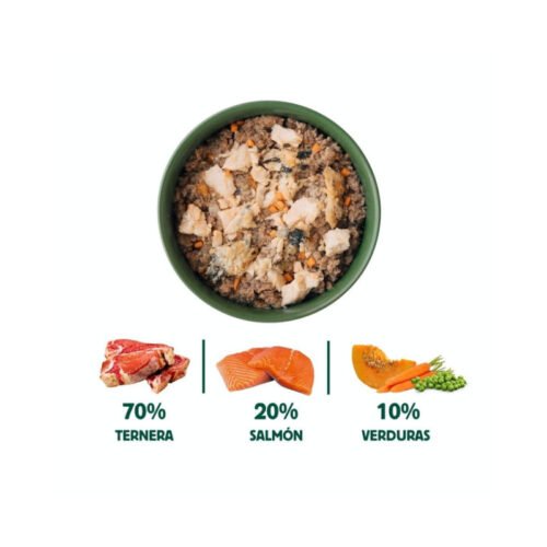 Ingredientes frescos de la receta de salmón y ternera Wild Balance