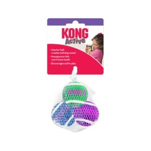 Empaque de KONG Cat Active Tennis Balls with Bells con tres pelotas de colores y campana interna
