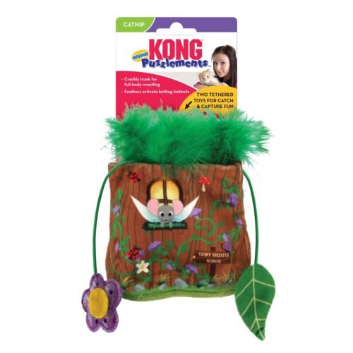 Juguete para gatos KONG Cat Puzzlements Hideaway Fairy Mouse House en su empaque original con catnip