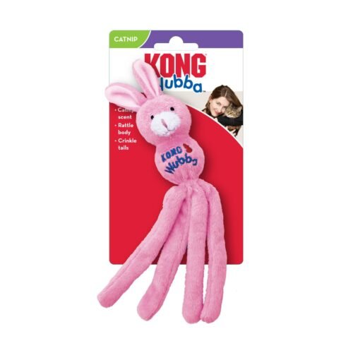 KONG Cat Wubba Bunny rosa en su presentación comercial para tiendas de mascotas