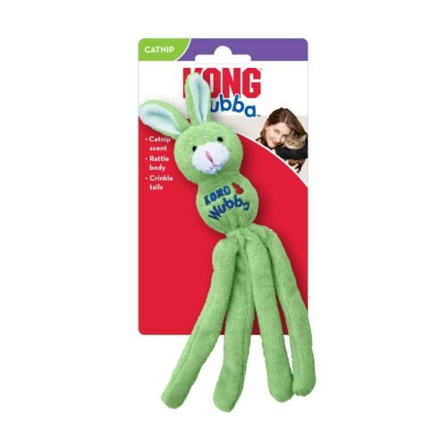 Presentación en empaque del juguete KONG Cat Wubba Bunny color verde