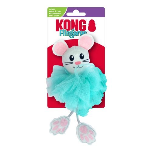 Juguete KONG Flingaroo Tutu color azul turquesa para gatos en empaque