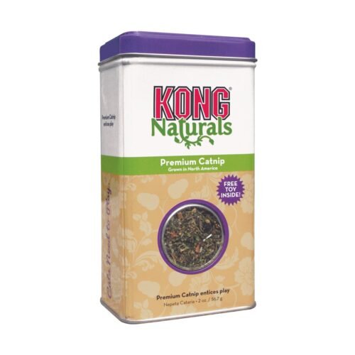 Lata de KONG Naturals Catnip Premium de 2oz con aviso de juguete gratis en su interior
