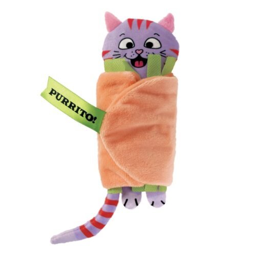 Juguete para gatos KONG Pull-A-Partz Purrito montado en forma de burrito sobre fondo blanco