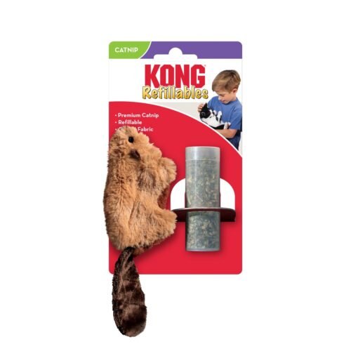 Juguete para gatos KONG Refillables Beaver en su empaque original con frasco de hierba gatera