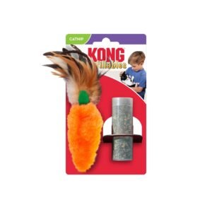 Juguete para gatos KONG Refillables Carrot con plumas en su empaque original y tubo de catnip incluido