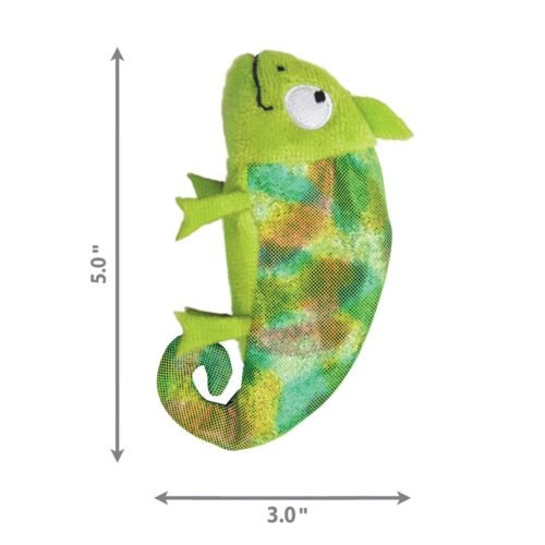 Infografía con las dimensiones del juguete para gatos KONG Refillables Chameleon