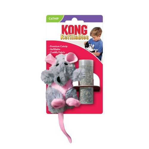 Empaque del juguete para gatos KONG Refillables Rat que incluye un ratón de peluche y un tubo de hierba gatera premium