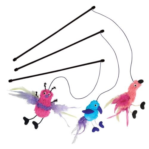 Tres variantes del juguete interactivo tipo caña KONG Teaser Feather Assorted para gatos